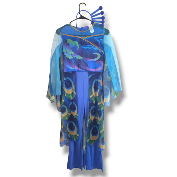 Girls Posh Peacock Costume Sz L 10/12 Jumpsuit Headpiece Hyde And Eek Halloween - Picture 1 of 11